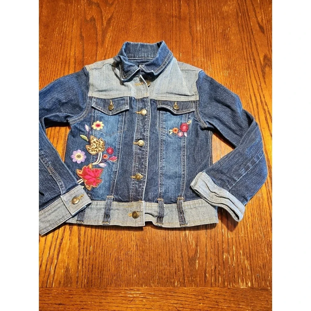 Children's Place Girls Denim Jacket Sz 5 Floral‎ Embroidered Long Sleeve (A882)